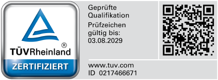 Prüfzeichen TÜV Rheinland: Geprüfte Qualifikation, gültig bis 03.08.2029, ID 0217466671